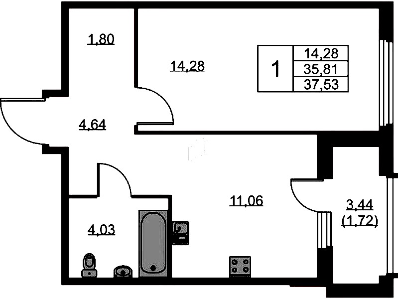 1-комнатная квартира 37.53 м², 6/15 эт., ЖК «GloraX Парголово»